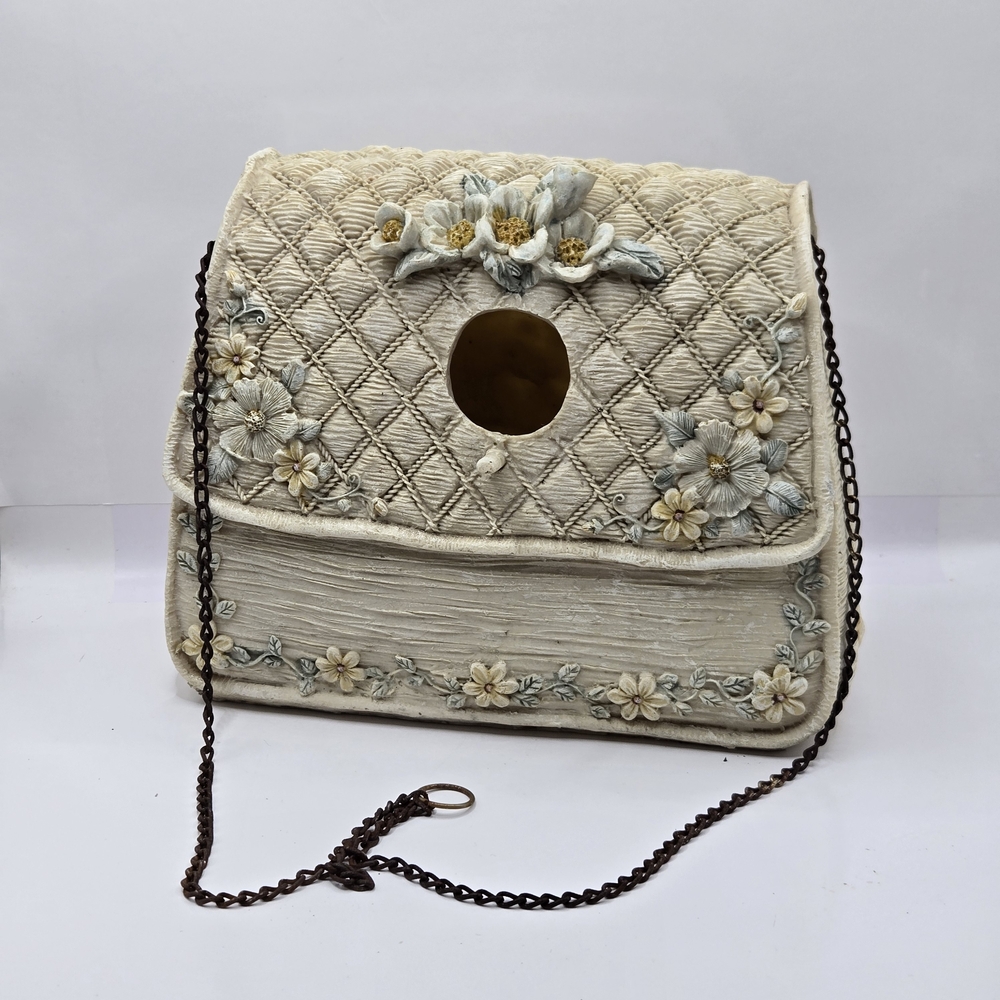 Handbag Purse Birdhouse Ceramic Hand Painted Floral Stripes Victorian